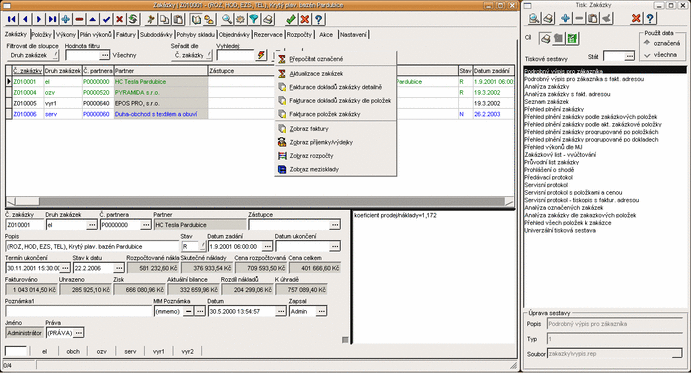 Evidence zakázek, funkce lokálního menu a tiskové sestavy